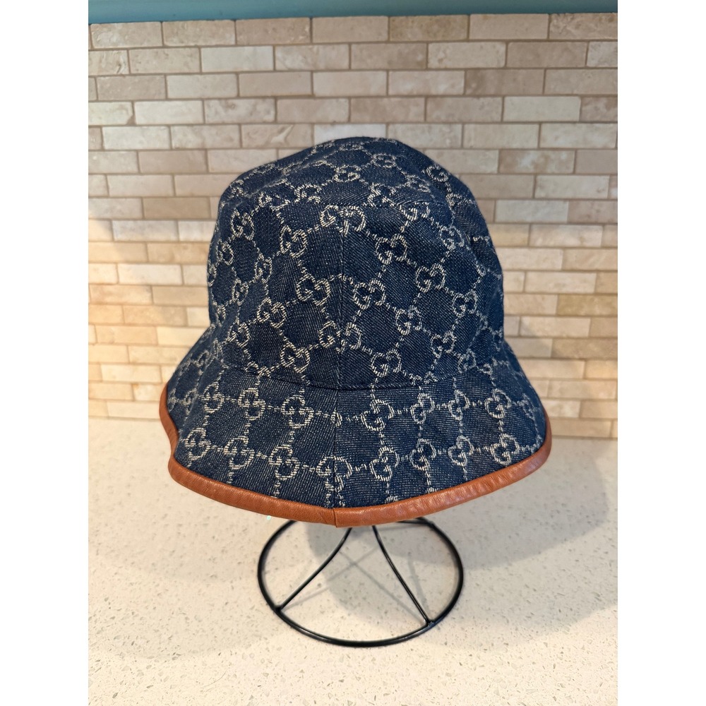 Gucci GG Denim Bucket Hat Leather Trim Designer Blue Hat